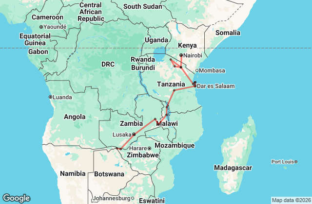 20 Day Epic East & Southern Africa: Nairobi to Victoria Falls Tour Map