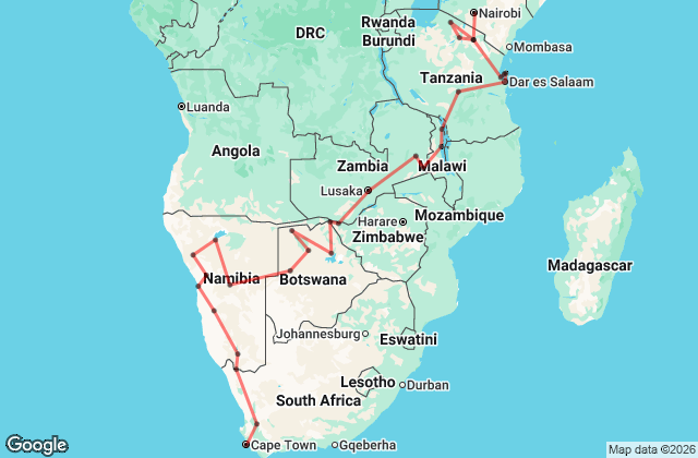 40 Day Serengeti to Cape Town Overland Adventure Map Image