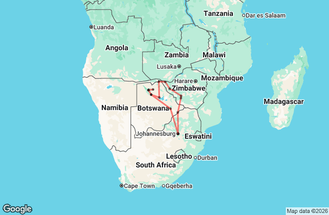 16 Day Botswana & Zimbabwe Adventure Map