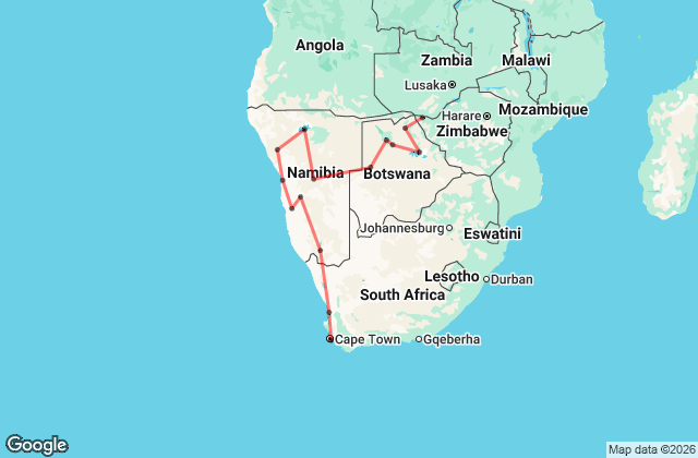 23 Day Cape Town to Victoria Falls Safari (Small Group) Map