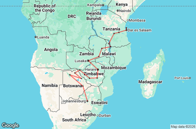 29 Days: Unveiling Africa’s Wild Jewels – Johannesburg to Zanzibar Tour Map