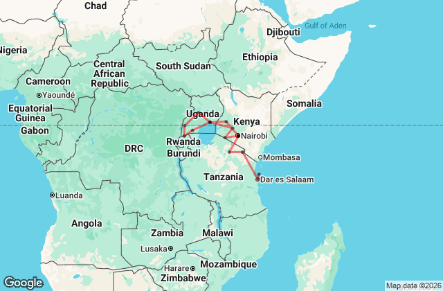 25 Day Zanzibar to Gorillas Overland Lodge Adventure Map