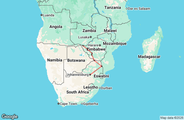 9 day Victoria Falls to Johannesburg Overland Lodge Tour Map