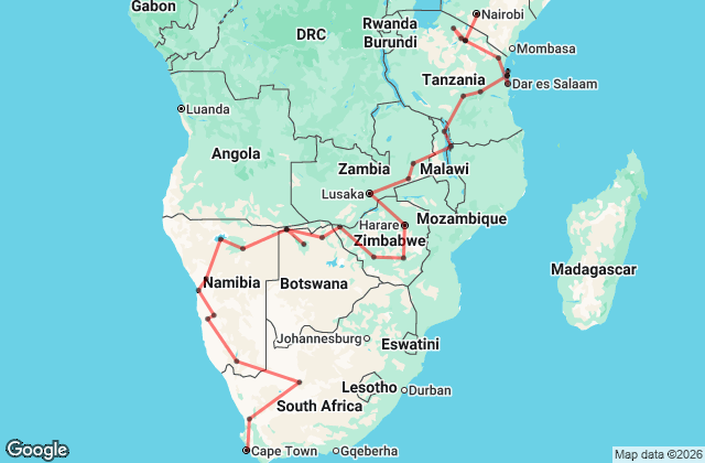 48 Day Kenya to Cape Town Tour Map
