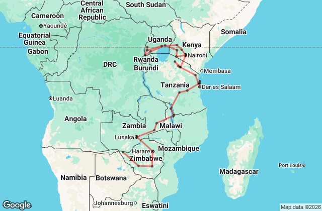42 Day Nairobi to Victoria Falls Adventure Tour Map