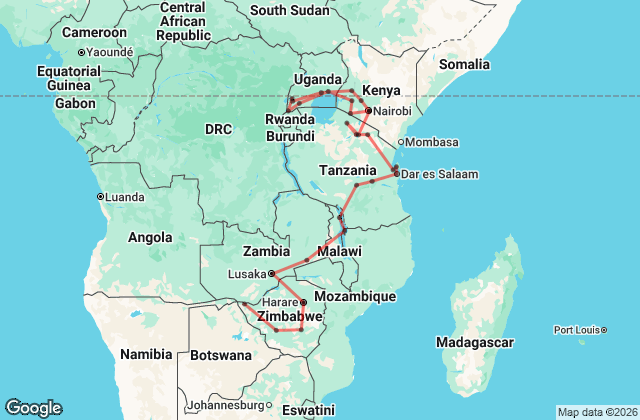 43 Day Victoria Falls to Masai Mara Tour Map