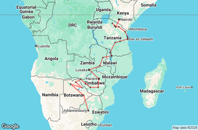 37 Day Johannesburg to Nairobi Overland Adventure Map
