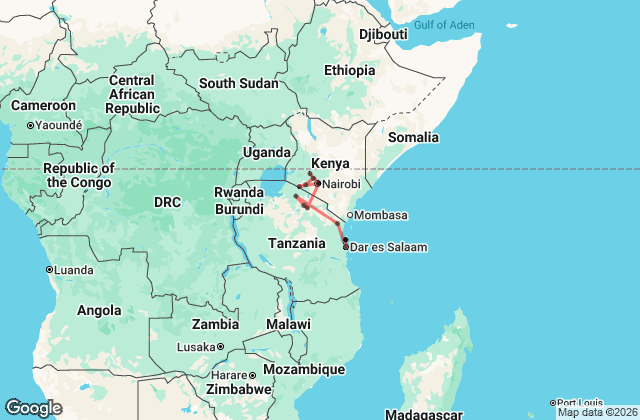 20 Day Nairobi to Zanzibar Overland Map