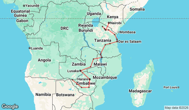 28 Day Victoria Falls to Nairobi Overland Map