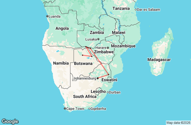 14 Day Wildlife and Wonders: Johannesburg to Maun Tour Map