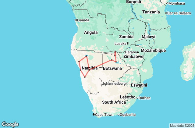 17 Day Botswana & Namibia Tour Map