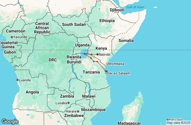 13 Day Nairobi to Zanzibar Overland Tour Map