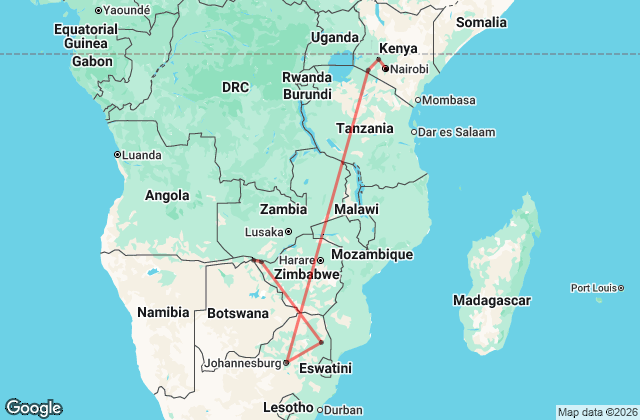 15 Day Kenya to Botswana Small Group Premium Overland Adventure Map