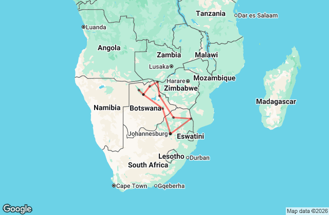16 Day Southern Africa Overland Map