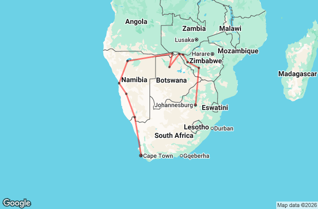24 Day Cape Town To Victoria Falls & Johannesburg Tour Map