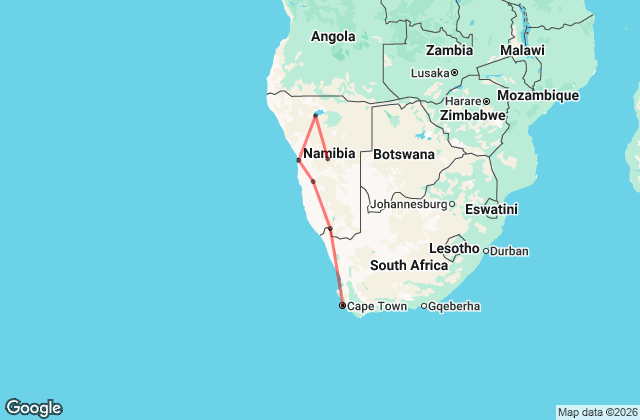 13 Day Cape Town to Namibia Safari Map
