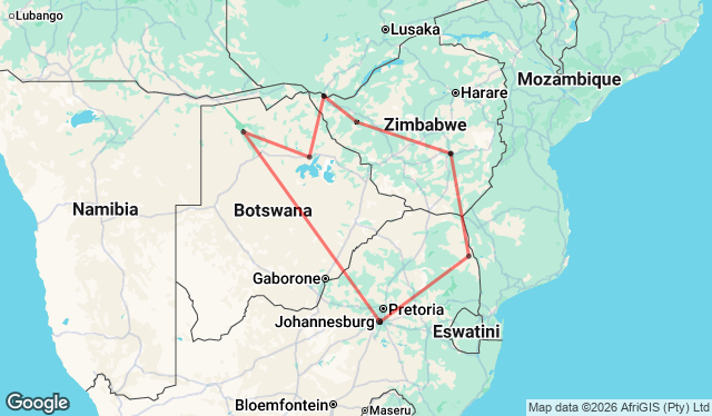 16 Day Zimbabwe and Botswana Safari Overland Map