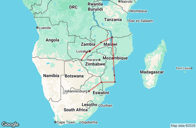 22 Day Zambia, Malawi and Mozambique Tour Map