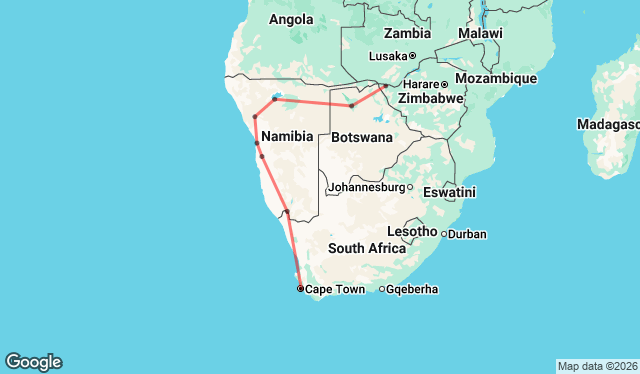 21 Day Cape Town to Victoria Falls Overland Map Image