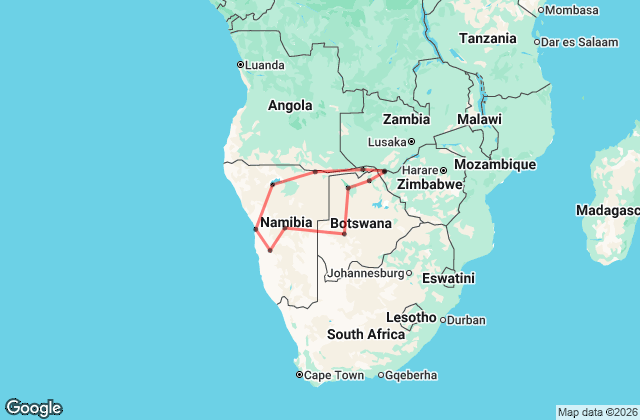 21 Day Namibia & Botswana Safari Map