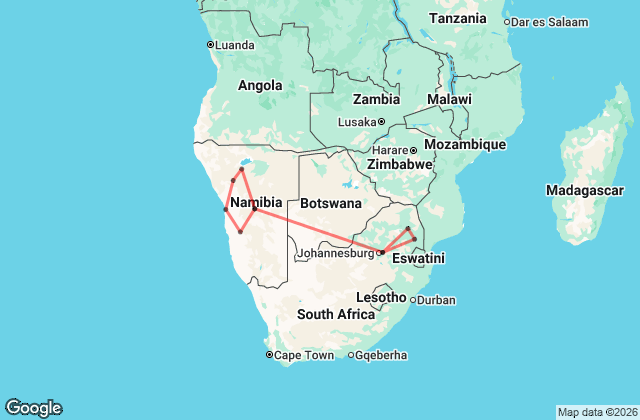 16 Day Johannesburg to Windhoek Adventure Tour Map