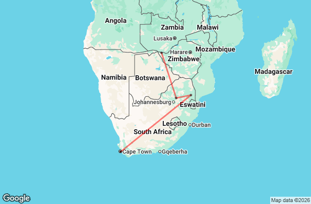 11 Day Cape Town to Victoria Falls Family Adventure Map