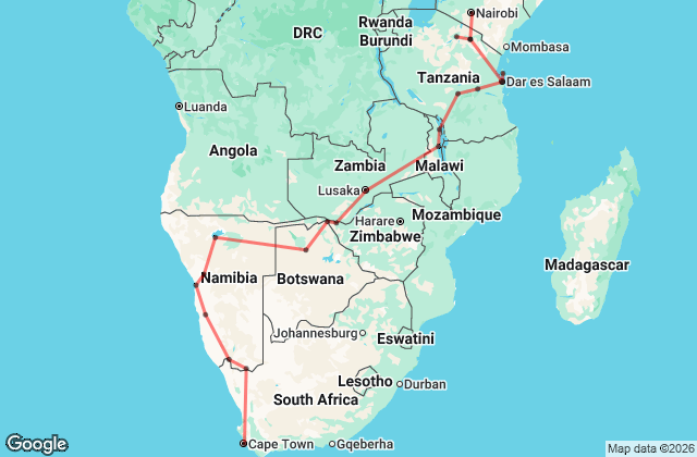 42 Day Cape Town to Nairobi Tour Map