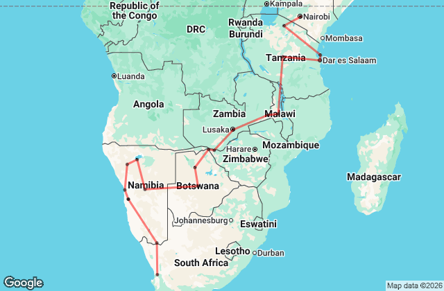 42 Day Cape Town to Nairobi Tour (Most Popular) Map