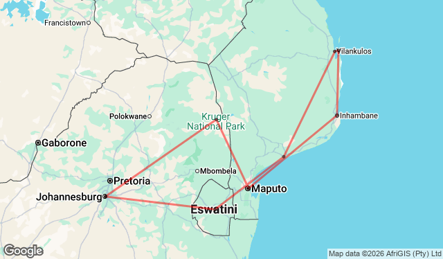 14 Day Wildlife & Waterscapes Safari: Kruger & Mozambique Coast Map Image