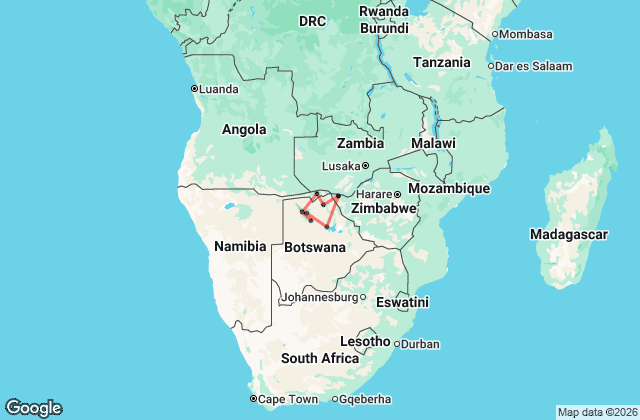 12 Day Okavango Delta and Victoria Falls Tour 3-4 Star Accommodation Map