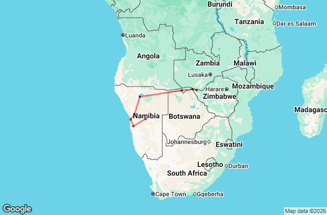 14 Day Victoria Falls to Windhoek Tour 3-4 Star Accommodation Map