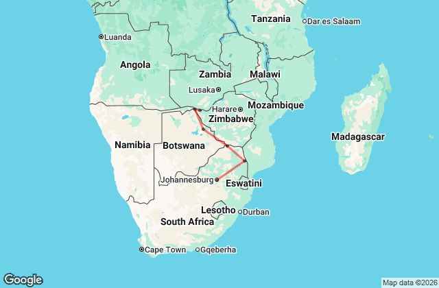 12 Day Victoria Falls to Johannesburg Tour Map