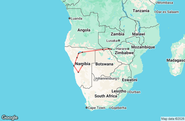14 Day Namibia & Botswana Tour 3-4 Star Accommodation Map