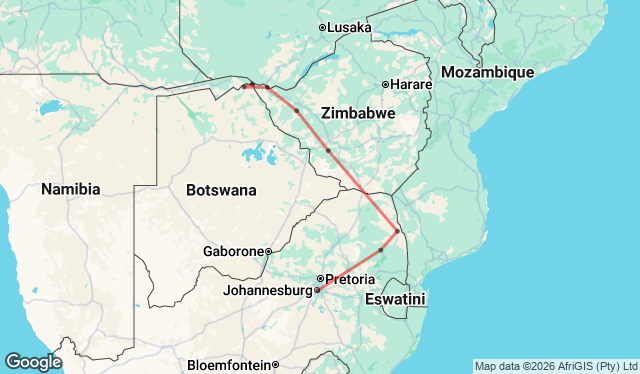 12 Day Johannesburg to Victoria Falls Adventure Tour Map Image