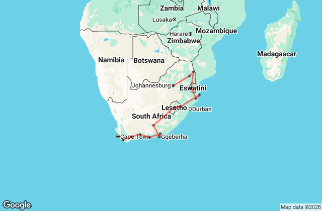 13 Day South Africa Highlights Map
