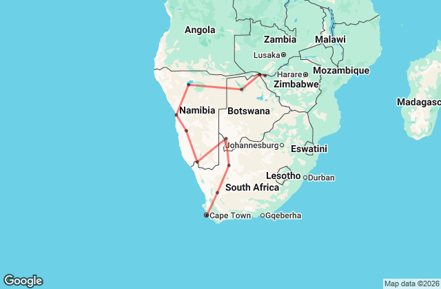 20 Day Cape Town to Victoria Falls Safari (Premier) Map