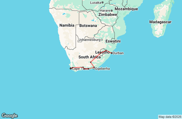 12 Day Durban to Cape Town via Lesotho Tour Map