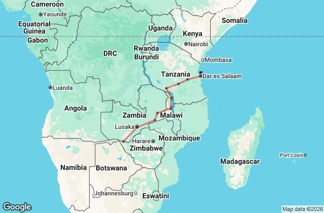 16 Day Zanzibar to Livingstone Safari Overland Map