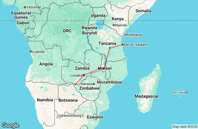 16 Day Livingstone to Zanzibar Overland Tour Map