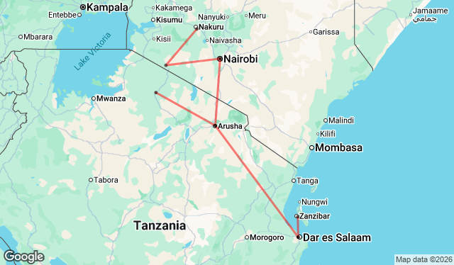 14 Day Zanzibar to Nairobi Lodge Tour Map Image