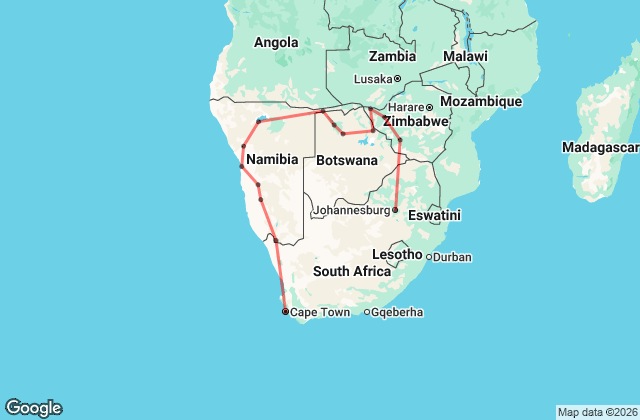 24 Day Cape Town, Victoria Falls to Joburg Map