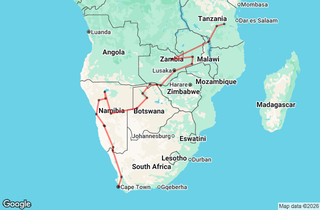 36 Day Zanzibar to Cape Town Discovery Map
