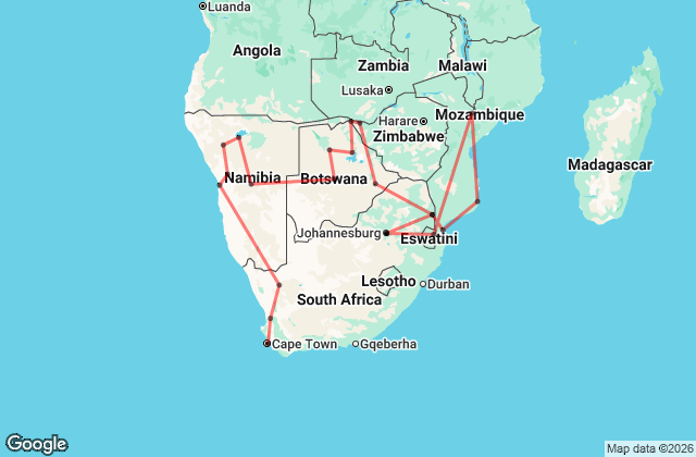 36 Day Cape Town to Victoria Falls and Mozambique Overland Map