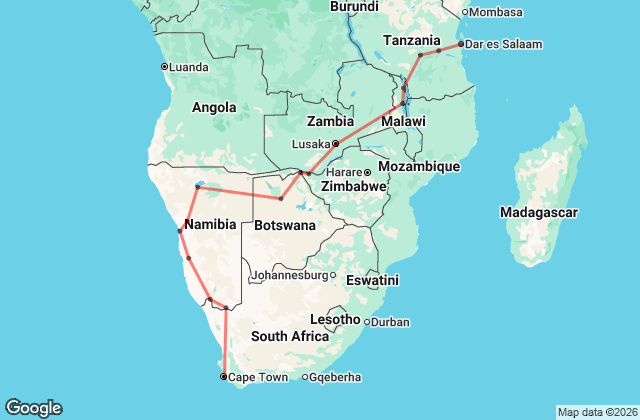 36 Day Cape Town to Zanzibar Explorer Map