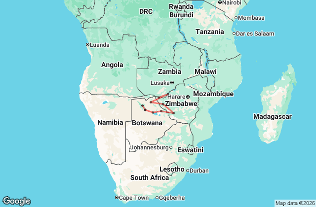 15 Day Victoria Falls to Maun Small Group Adventure Tour Map