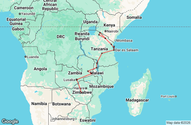 20 Day Victoria Falls to Nairobi Overland Adventure Map