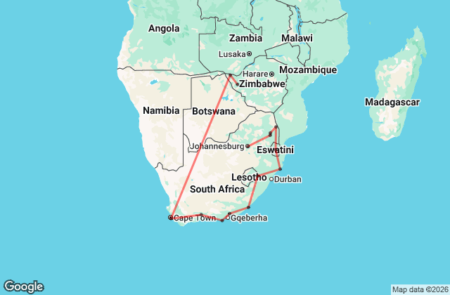 23 Day Kruger Safari, Cape Town Charm & Victoria Falls Majesty Map