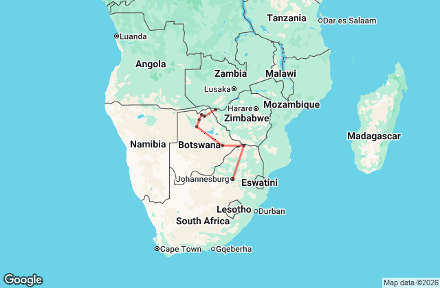 12 Day Botswana Fully Serviced Adventure – Southbound Map