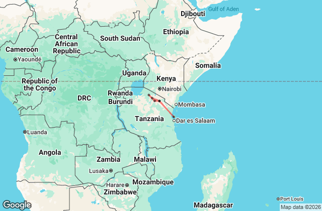 12 Day Arusha to Stone Town – Mixed Accommodation Map