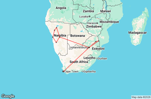19 Day Cape Town to Windhoek Adventure Tour Map